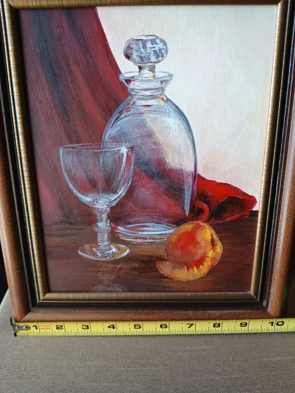 Vintage Still Life Oil Painting, Glass Decanter with Peach, BarCore